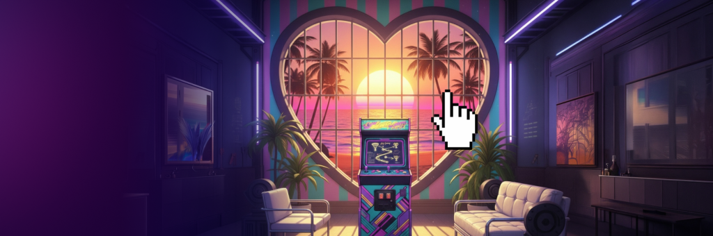 Retro neon room with a heart-shaped window, sunset view, and an arcade cabinet