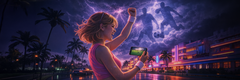 Main banner showing a young woman cheering while holding a smartphone under a stormy purple sky, with football players silhouetted in the clouds beside the headline “The Perfect Storm.”