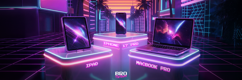 Bro Partners campaign banner showing monthly prize draw rewards including an iPad, iPhone 17 Pro, and MacBook Pro