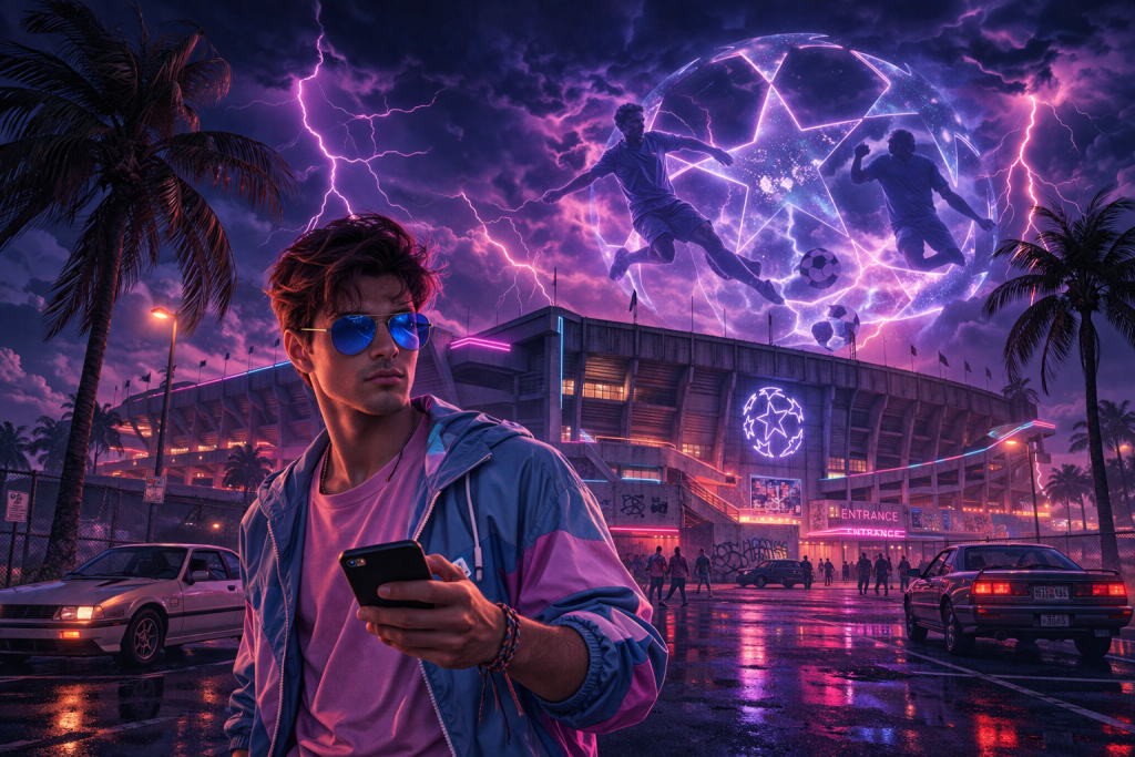 Young man holding a smartphone outside a brightly lit stadium at night, with purple lightning in the sky and two football players silhouetted above a glowing Champions League-style ball.