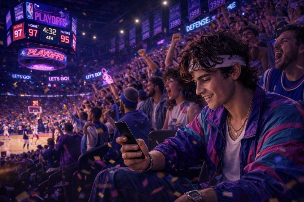 Young man looking at his smartphone while sitting courtside in a crowded basketball arena during a playoff game, with cheering fans and scoreboard lights in the background.