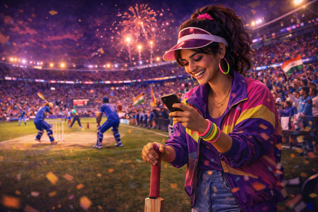 Young woman smiling at her smartphone beside a cricket field in a packed stadium, with fireworks, players in action, and Indian flags in the crowd.