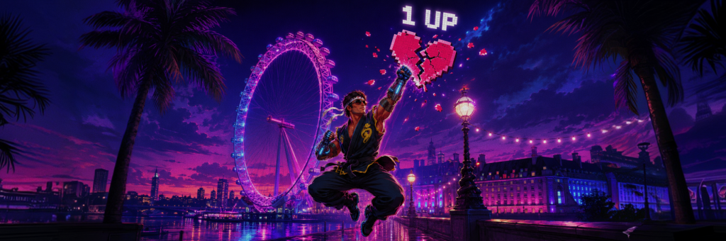 Bro Partners iGB L!VE 2026 banner featuring the Bro mascot punching a pixel heart near the London Eye, with Good Traffic Deserves a 1-Up and Stand L50 event details.