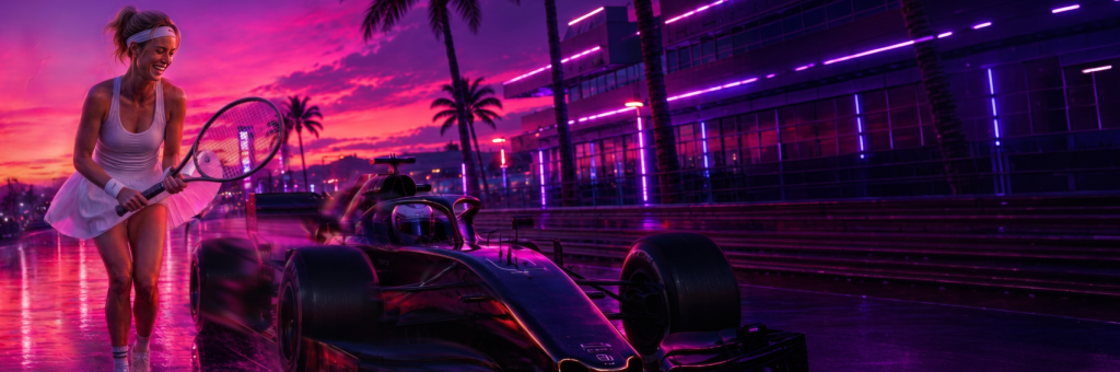 Bro Partners banner showing a tennis player and Formula 1 car in a neon sports scene representing a stacked September sports calendar