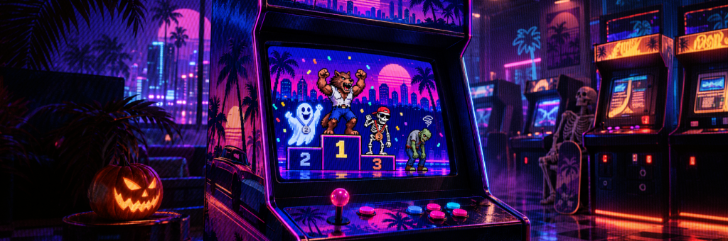 Pixel-art werewolf takes first place ahead of a ghost and skeleton on a Halloween arcade game screen, in a neon-lit Bro Partners setting.