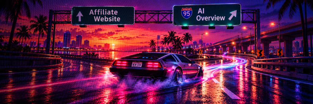 Bro Partners banner showing a car taking the AI Overview exit instead of the Affiliate Website route, illustrating lost Google search traffic.